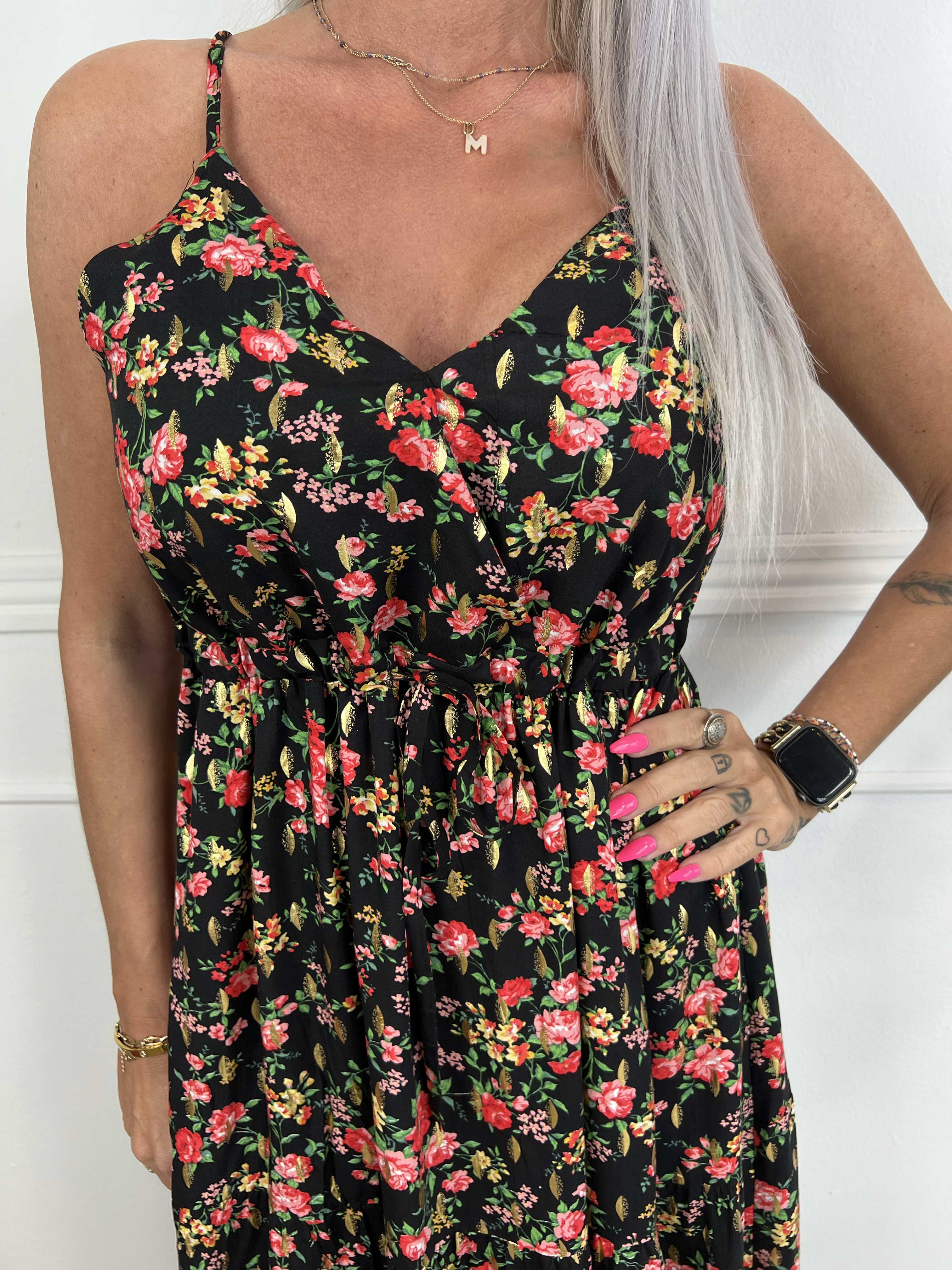 Lucie Rose - Klänning med band i viskos, rosmotiv och v-ringning